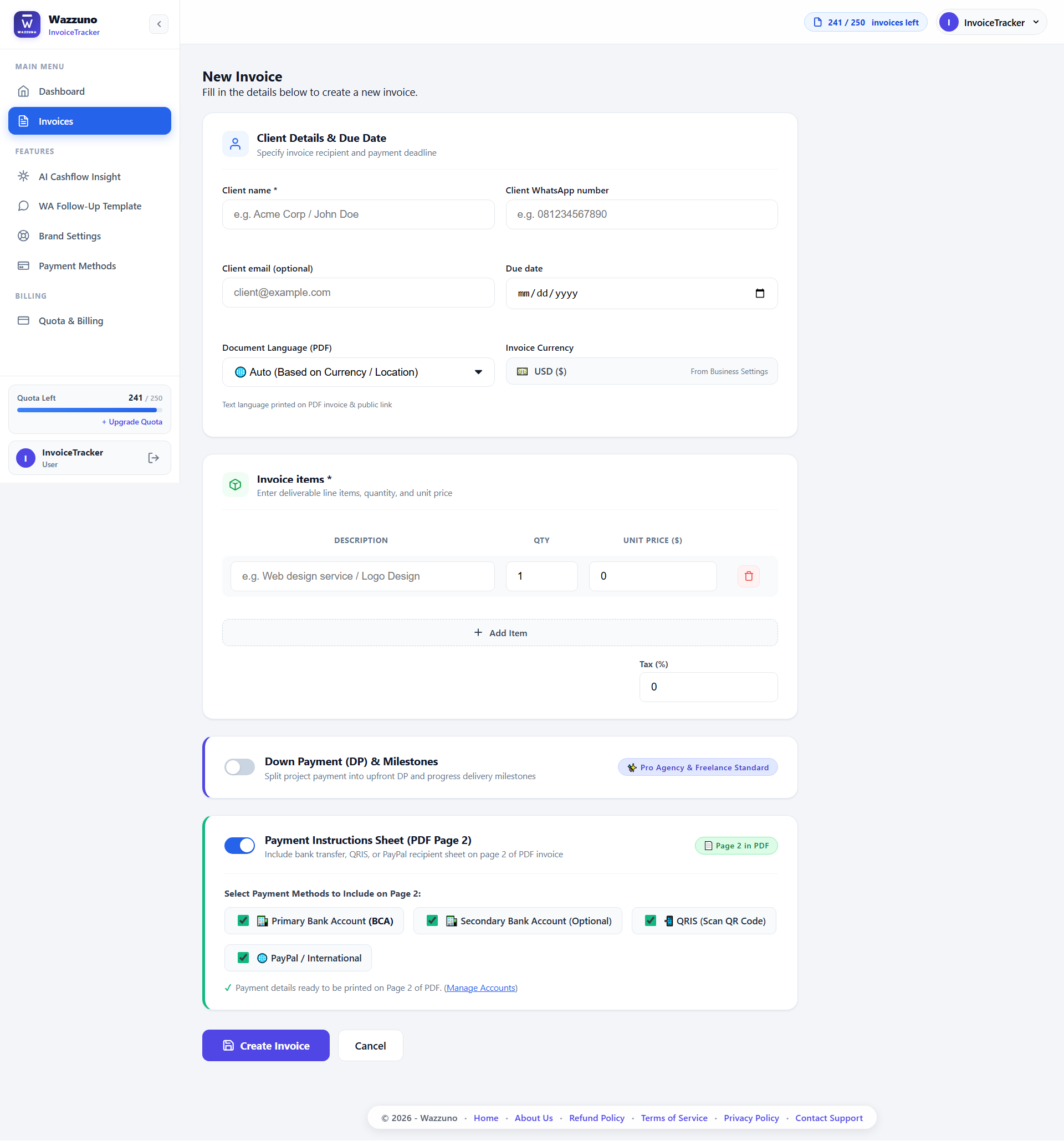 Flexible Invoicing: Full Project, DP & Milestones