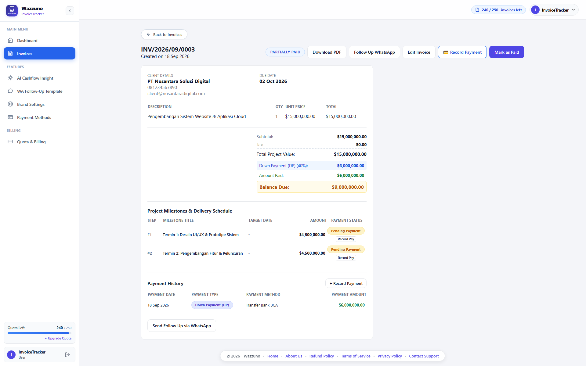 Milestone Payment Tracking & Official 2-Page PDF